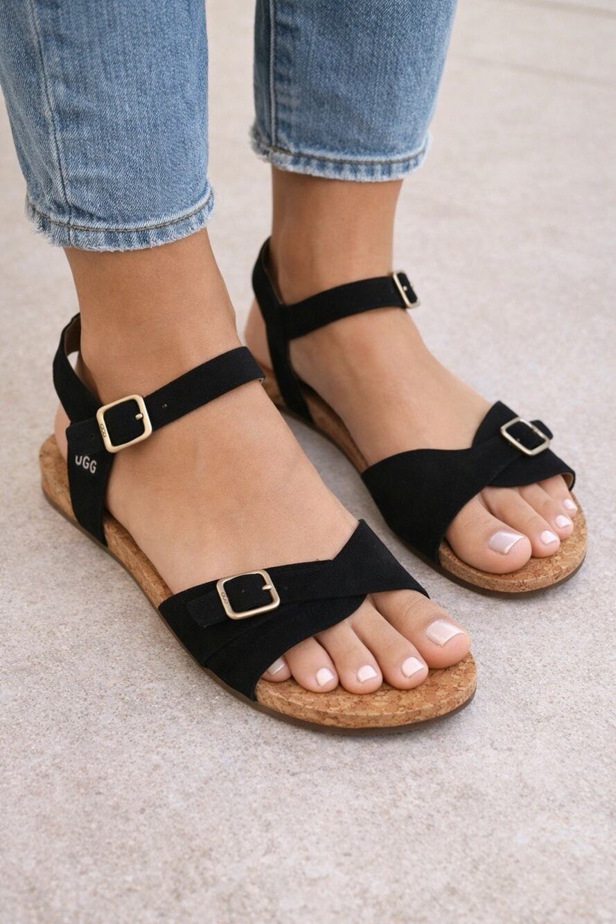 UGG Black Suede Cork Footbed Ankle Strap Sandals Women’s Size 10 Comfort Casual